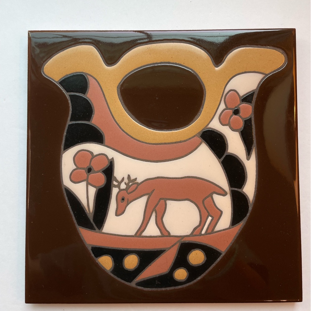 Vintage Southwest brown and black ceramic tiles trivet wall decor deer on pot